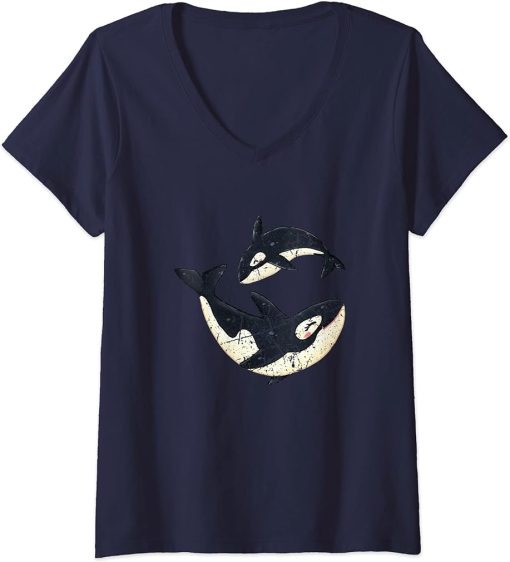 Womens Men Women Happy Orcas Killer Whale Cute Orca Lover V-Neck T-Shirt