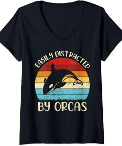 Womens Vintage Orca Animal Lover Easily Distracted By Orcas V-Neck T-Shirt