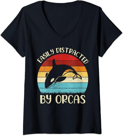 Womens Vintage Orca Animal Lover Easily Distracted By Orcas V-Neck T-Shirt