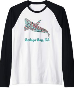 Bodega Bay CA Upward Orca Killer Whale Native American Raglan Baseball Tee