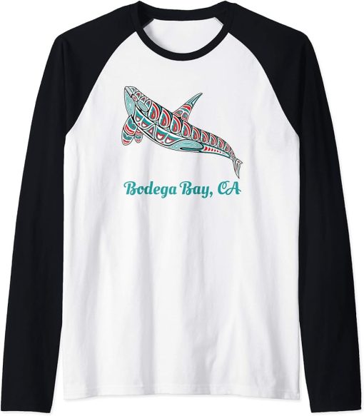 Bodega Bay CA Upward Orca Killer Whale Native American Raglan Baseball Tee